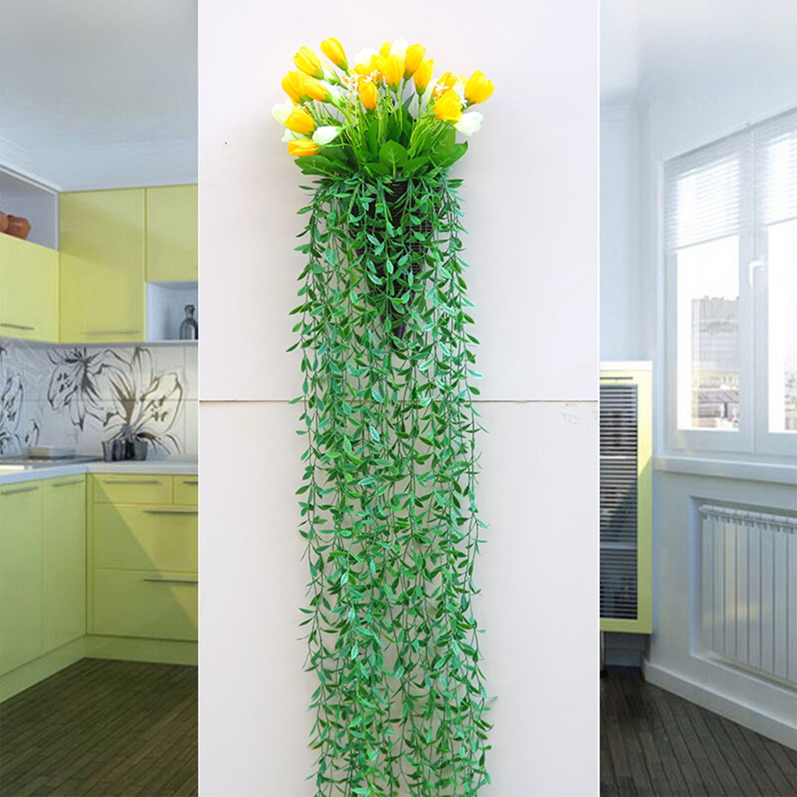 Votnto 9.84×39.37IN Artificial Tulip Hanging Planter, Faux Green Weeping Vine with Tulip Blooms for Wedding Wall Home Decor