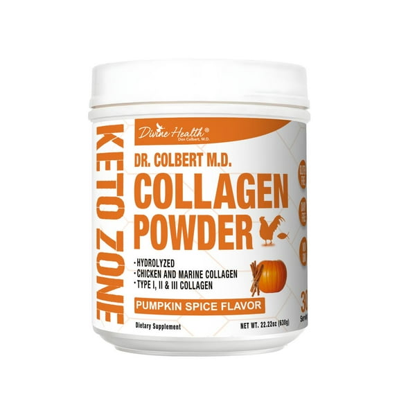 Divine Health Dr. Colbert MD Hydrolyzed Collagen Powder | Pumpkin Spice Flavor | Type I, II, III Chicken & Marine Collagen Peptides | Recommended in Keto Zone Diet Book Hair, Skin and Nails