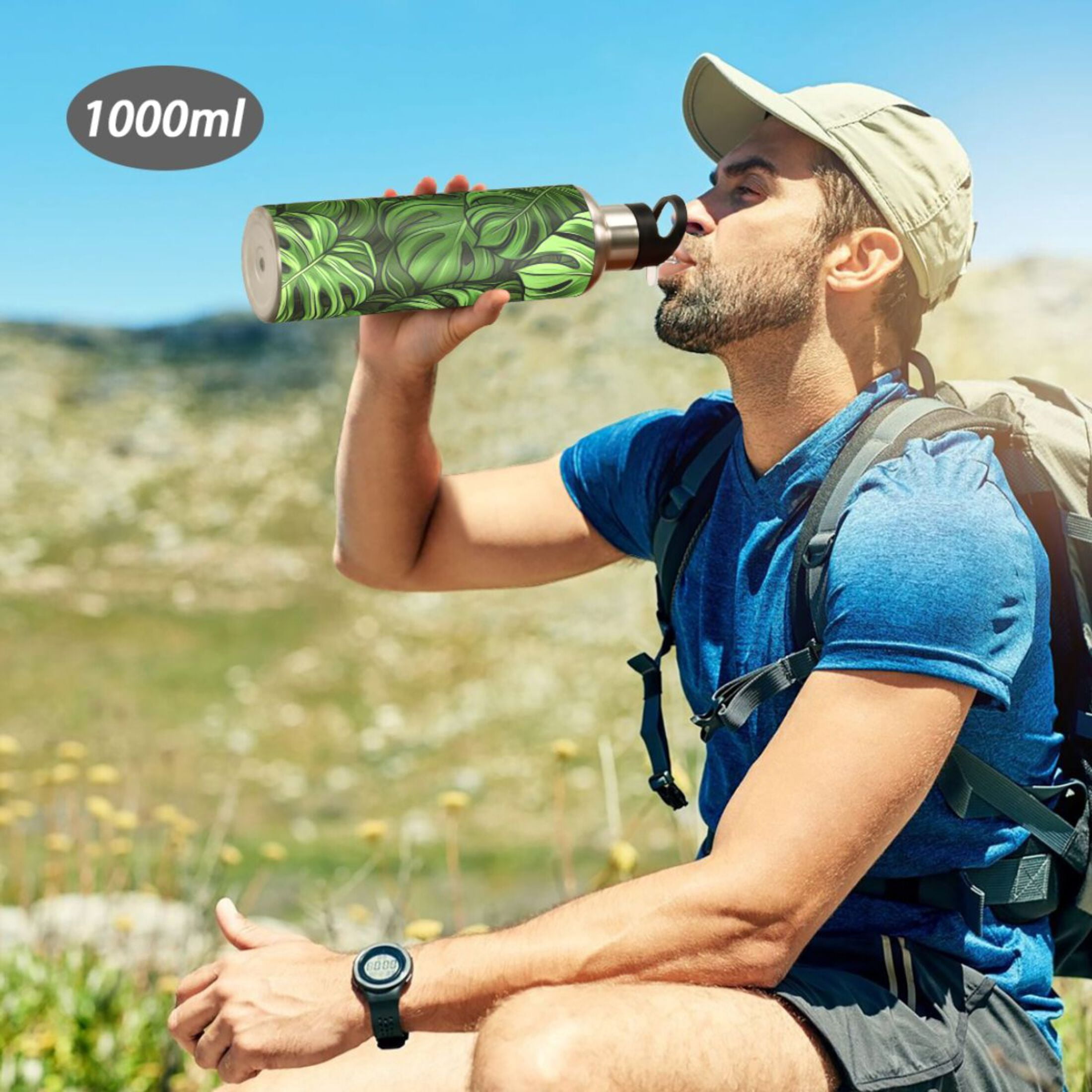 Green Monstera Leaves Sports Bottle with Straw Stainless Steel Water Jug Portable Thermal Cup Leak-proof 1000ML