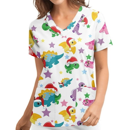 

Christmas Clothes Clearance! TMOYZQ Christmas Scrub Tops for Womens Classic Fit Medical Workwear Christmas Print Short Sleeve V Neck Working Uniforms Pockets Professional Nursing Blouse