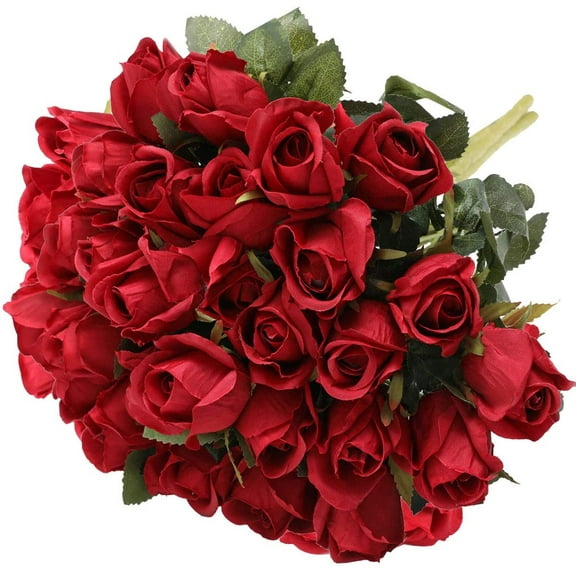 Artificial Flowers Silk Roses Buds Realistic Bouquet Arrangement for Decoration Wedding Party Centerpieces (Red)