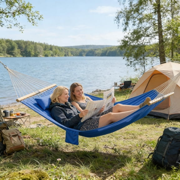 WRXELAN Outdoor Double Hammock with Stand – Quilted Padded, Extra Wide, Portable, with Spreader Bars & Pillow, for Patio, Balcony, Garden, 3Blue & Natural Wood