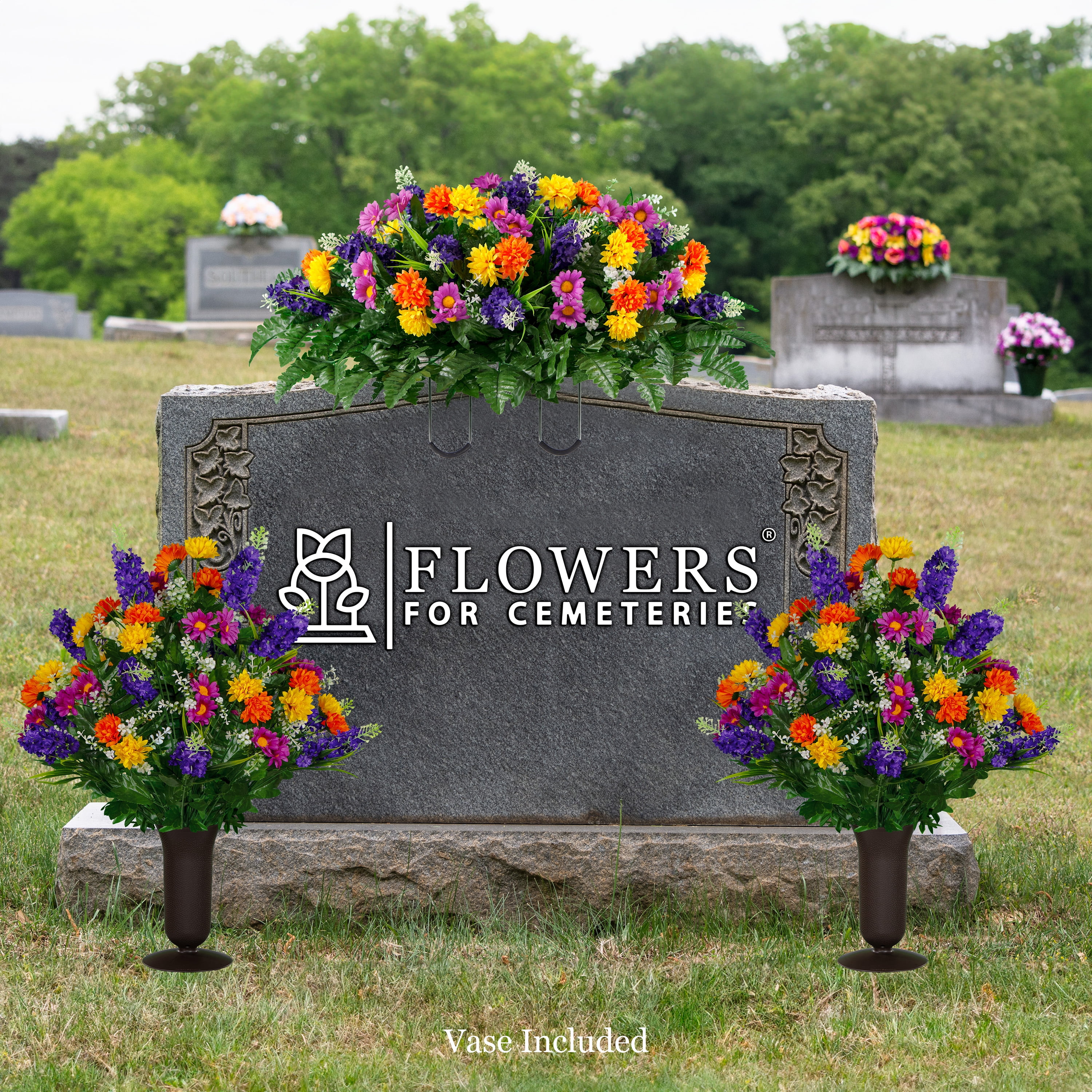 Sympathy Silks Artificial Cemetery Flowers - Red Yellow Purple Wildflowers - 2 Bouquets with Vases and Headstone Saddle
