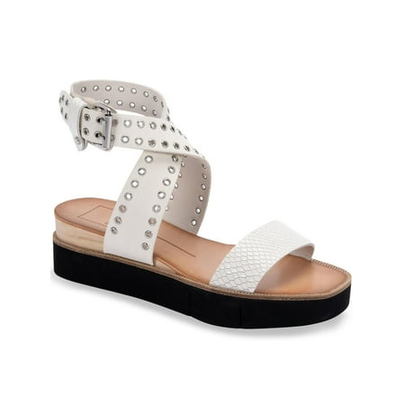 

DOLCE VITA Womens White Snakeskin Print Adjustable 1/2 Platform Crisscross Studded Ankle Strap Panko Square Toe Wedge Buckle Leather Slide Sandals 9