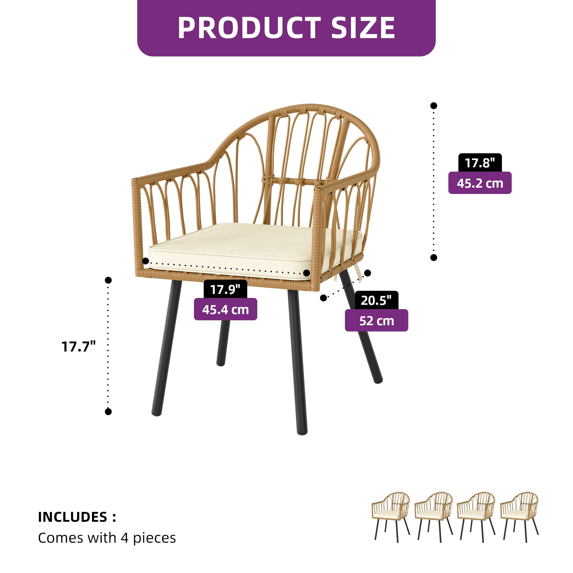 Uforic 4-Piece Rattan Wicker Dining Chairs, All-Weather Indoor Outdoor Patio Bistro Chairs with Cushion and Curved Back, Perfect for Garden Backyard Porch Poolside Restaurant, Beige