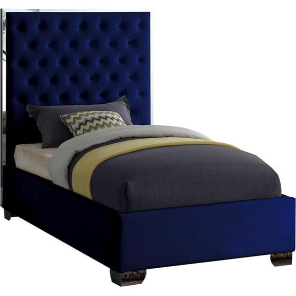 Maklaine Contemporary Solid Wood and Velvet Twin Bed in Navy