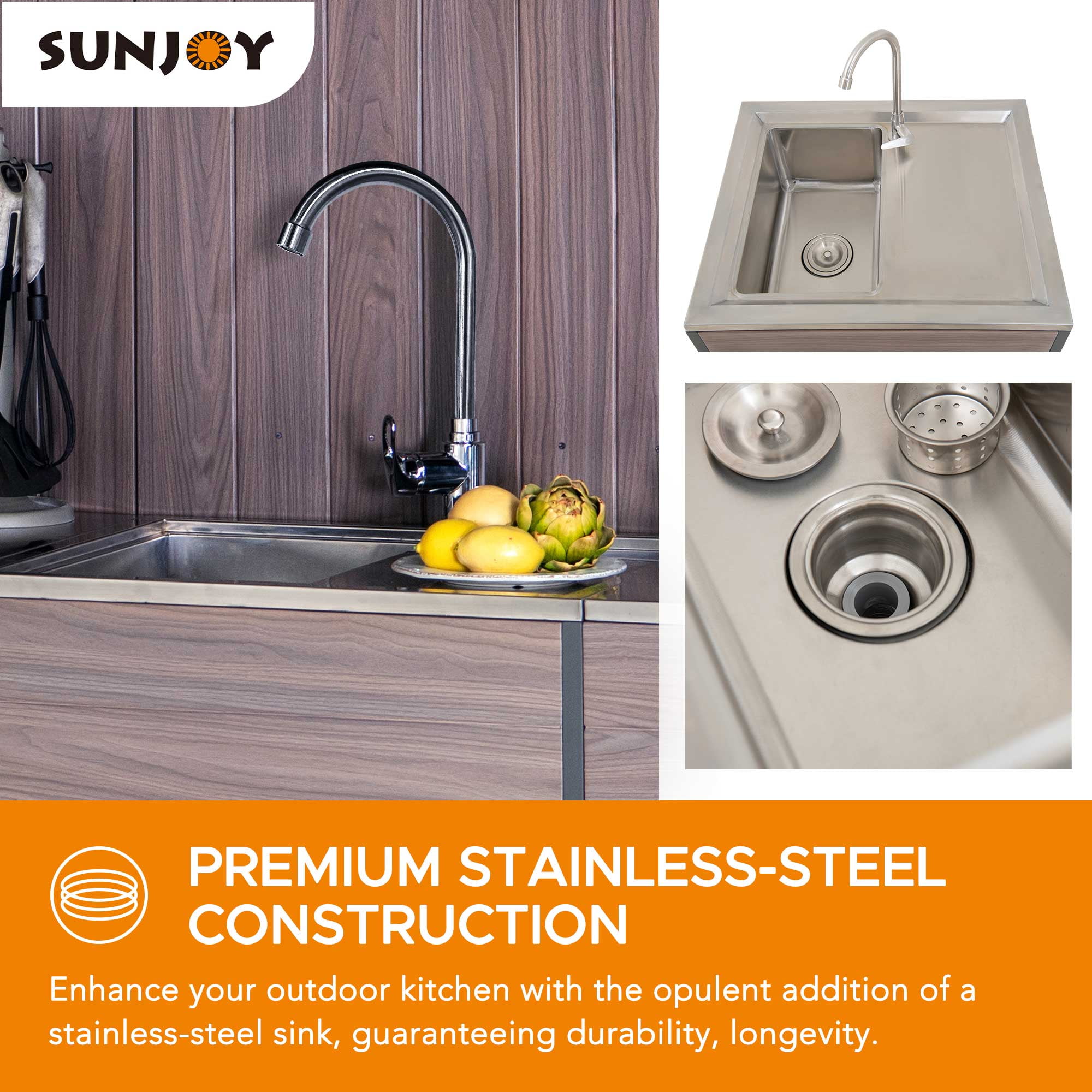 Sunjoy Outdoor Kitchen, 4-Pieces Grill Kitchen with Sink, Open Storage Shelf and Island Counter