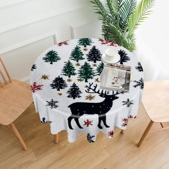 RKSupls 60 Inch Round Tablecloth, Reindeer Tree Snowflake Premium Polyester Straight Edge Wrinkle Resistant Washable Table Cover for Party Home Dining Decor
