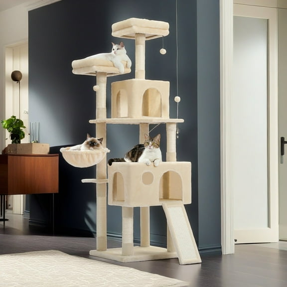 Pefilos 64" Cat Tree Tower for Large Cats with Sisal Poles, Hammock, Indoor Pet Supplies Climbing Tree House, Multi-Level Cat Condos, Beige