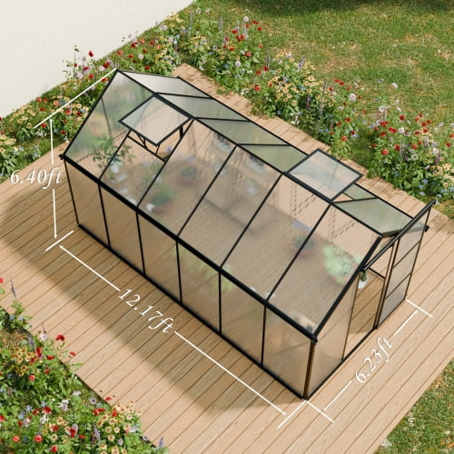 IMagacFun 6x12 Polycarbonate Greenhouse Heavy Duty Walk-in Greenhouse with Sliding Door and Aluminum Frame for Outdoor Garden Backyard Black