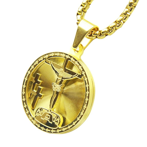 Stainless Steel Cross Jesus Medallion Pendant with Box Chain 24" SCP 165 G