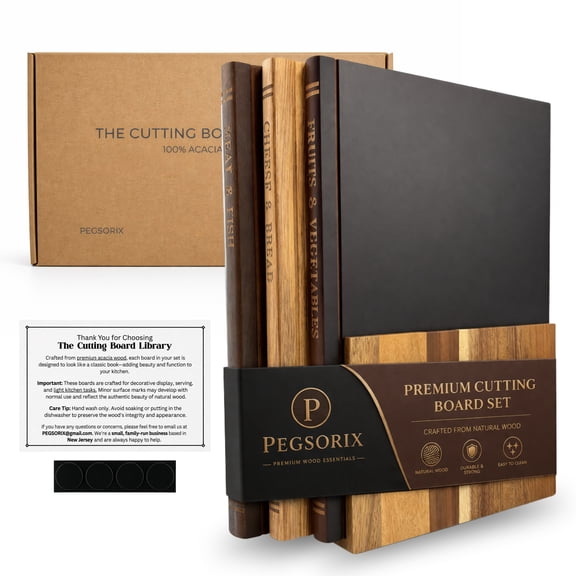 The Cutting Board Library | 100% Acacia Wood | Set of 3 Decorative and Functional Cutting Boards with Wooden Stand | Fruits, Vegetables, Meat, Fish, Cheese and Bread | Statement Piece for Countertop