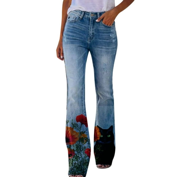 Baqcunre Jeans for Women Women's Long Multiple Choice Printed Casual Loose Pants Comfortable Micro Flared Pants Flare Jeans for Women Jeans for Women Trendy