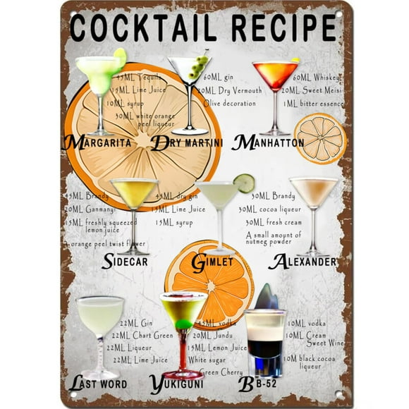 Size: 16" x 12" - Vintage Classic Cocktail Recipe Tin Metal Sign Art Poster For Bar Pub Kitchen