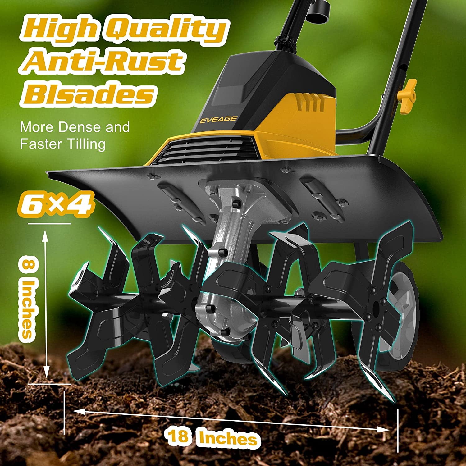 EVEAGE Electric Tiller,18 in Power Tillers and Cultivators Electric,13.5AMP Rototiller Cultivator,Yellow