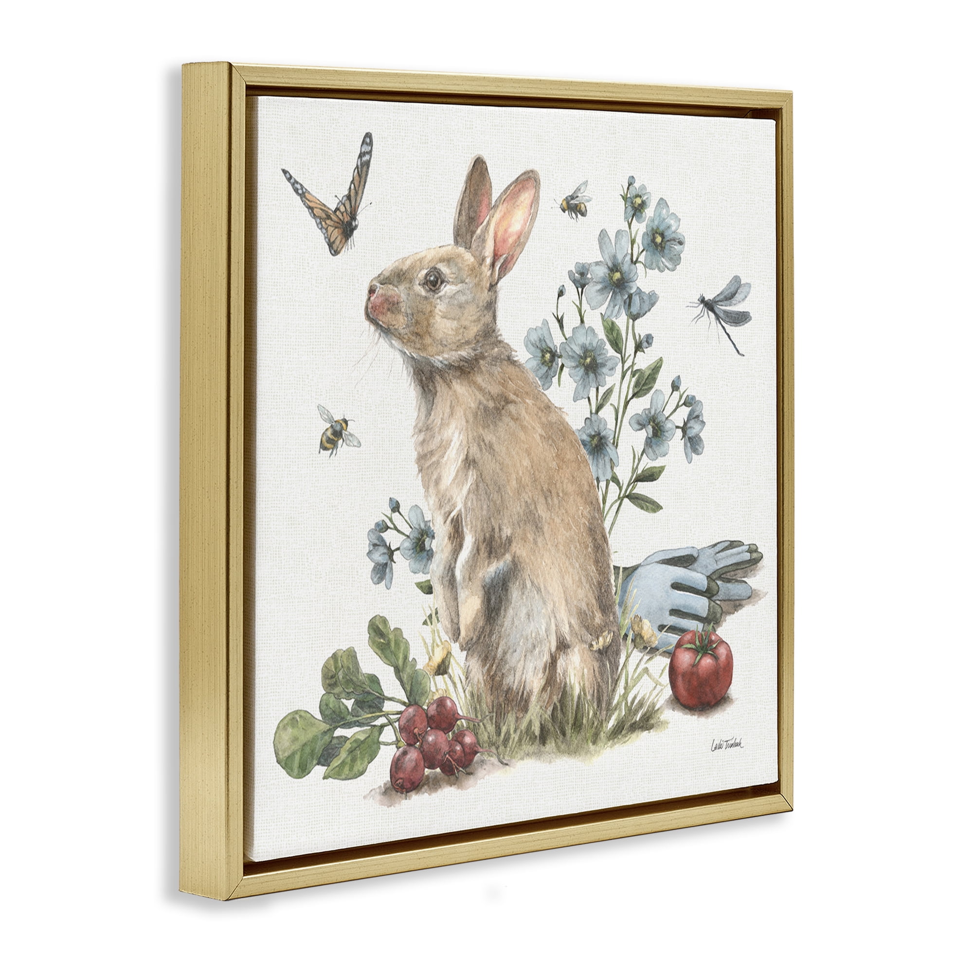 Stupell Industries Garden Patch Bunny Animals & Insects Painting Gold Floater Framed Canvas Art Print Wall Art, 18 x 18