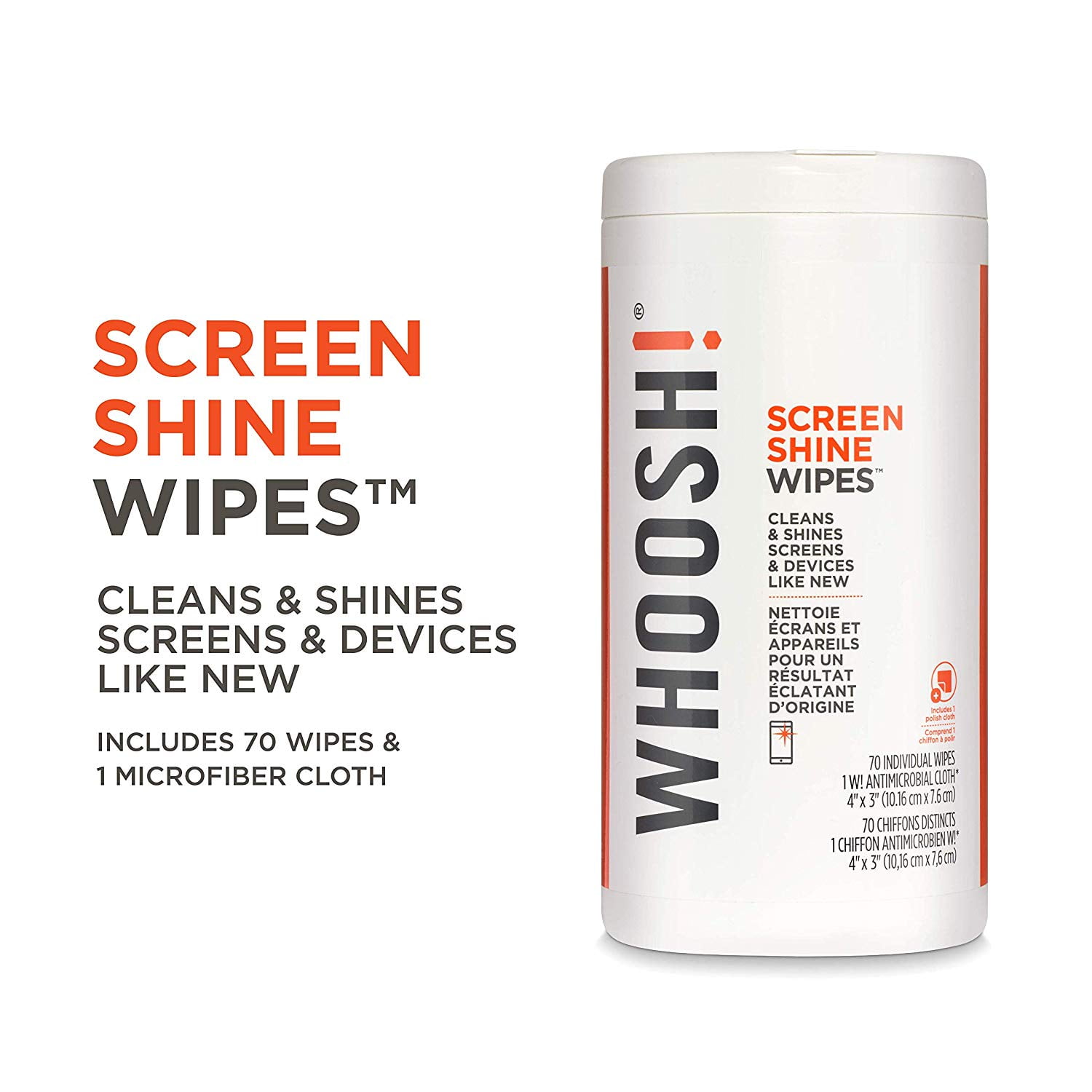 WHOOSH! SCREEN SHINE WIPES 70 pack of individual screen cleaner wipes