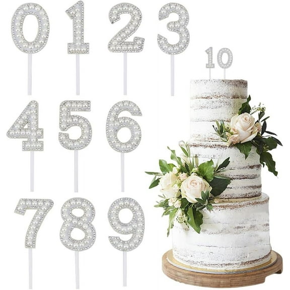 10 Sets Number Cake Topper Imitation Pearl Rhinestone 0-9 Number White Birthday Cake Plug in Decorations for Birthday Party Wedding Anniversary Supplies for diy