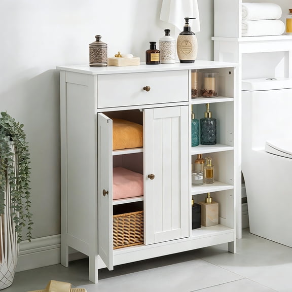 Ktaxon Bathroom Floor Cabinet, Freestanding Storage Cupboard w/ 2 Shelves& 1 Drawer & Three-layer Side Rack, MDF White