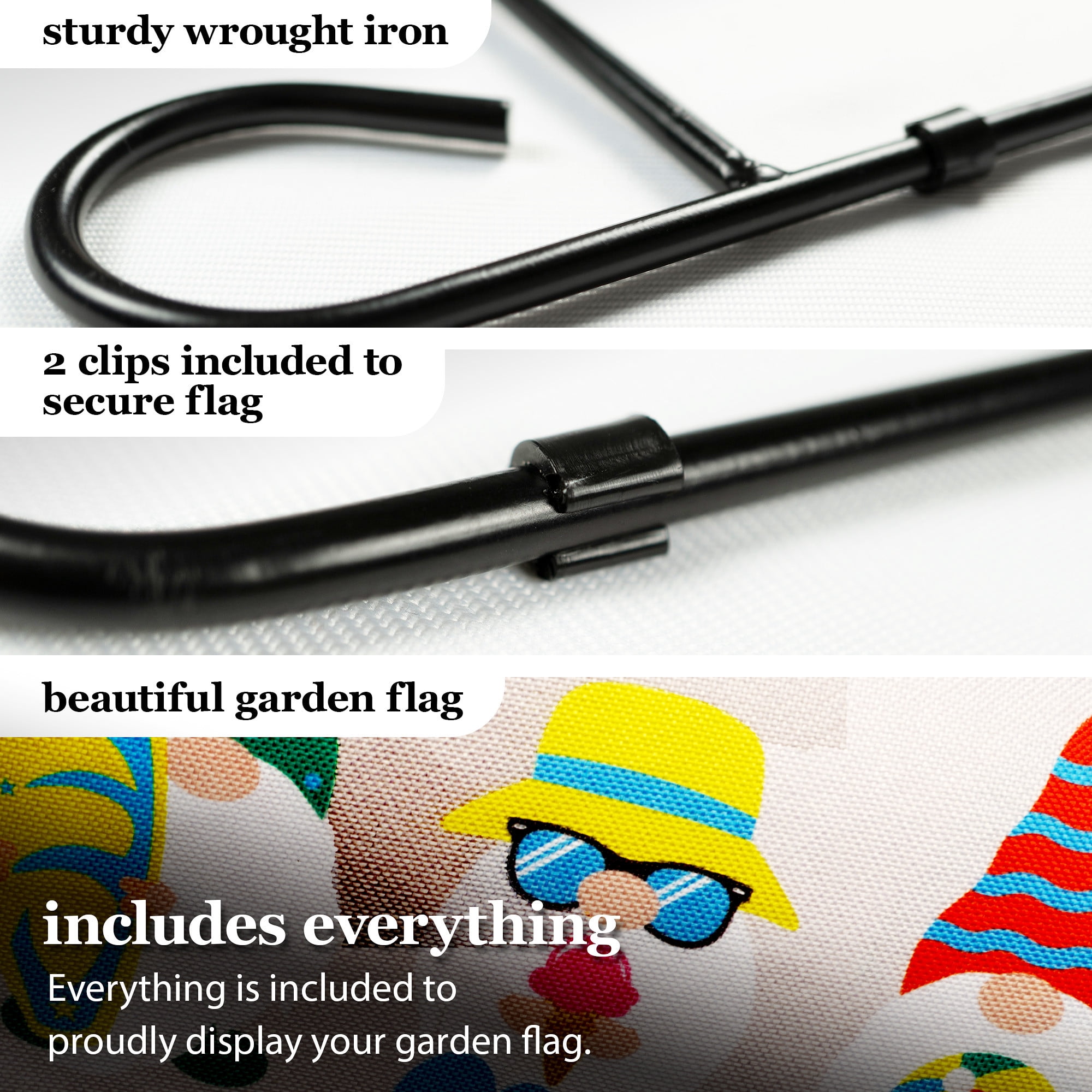 G128 Combo Pack: Garden Flag Stand Black 36 in x 16 in & Garden Flag Hello Summer Decoration Three Beach-Ready Gnomes 12"x18" Double-Sided Burlap Fabric
