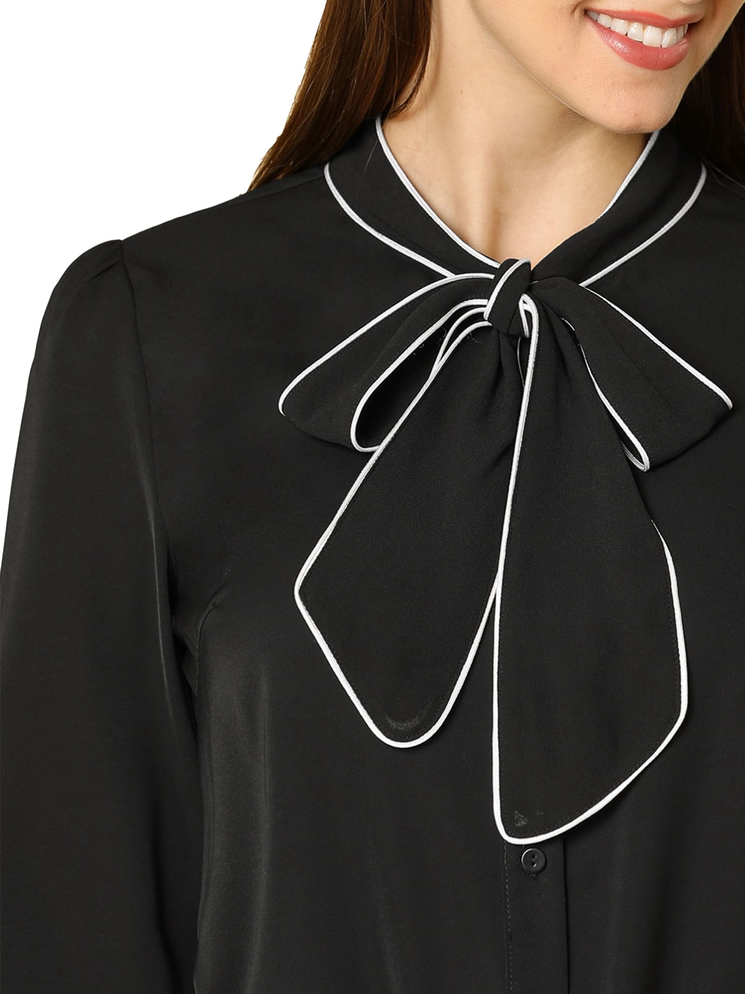 DARING DIVA Women's Contrast Color Button Down Long Sleeve Tie Neck Shirt XL Black