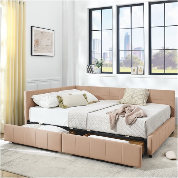 JERFIT Pink Velvet Queen Upholstered Storage Daybed with Backrest & Armrests, Mid-Century Modern Platform Bed Frame for Bedroom or Living Room