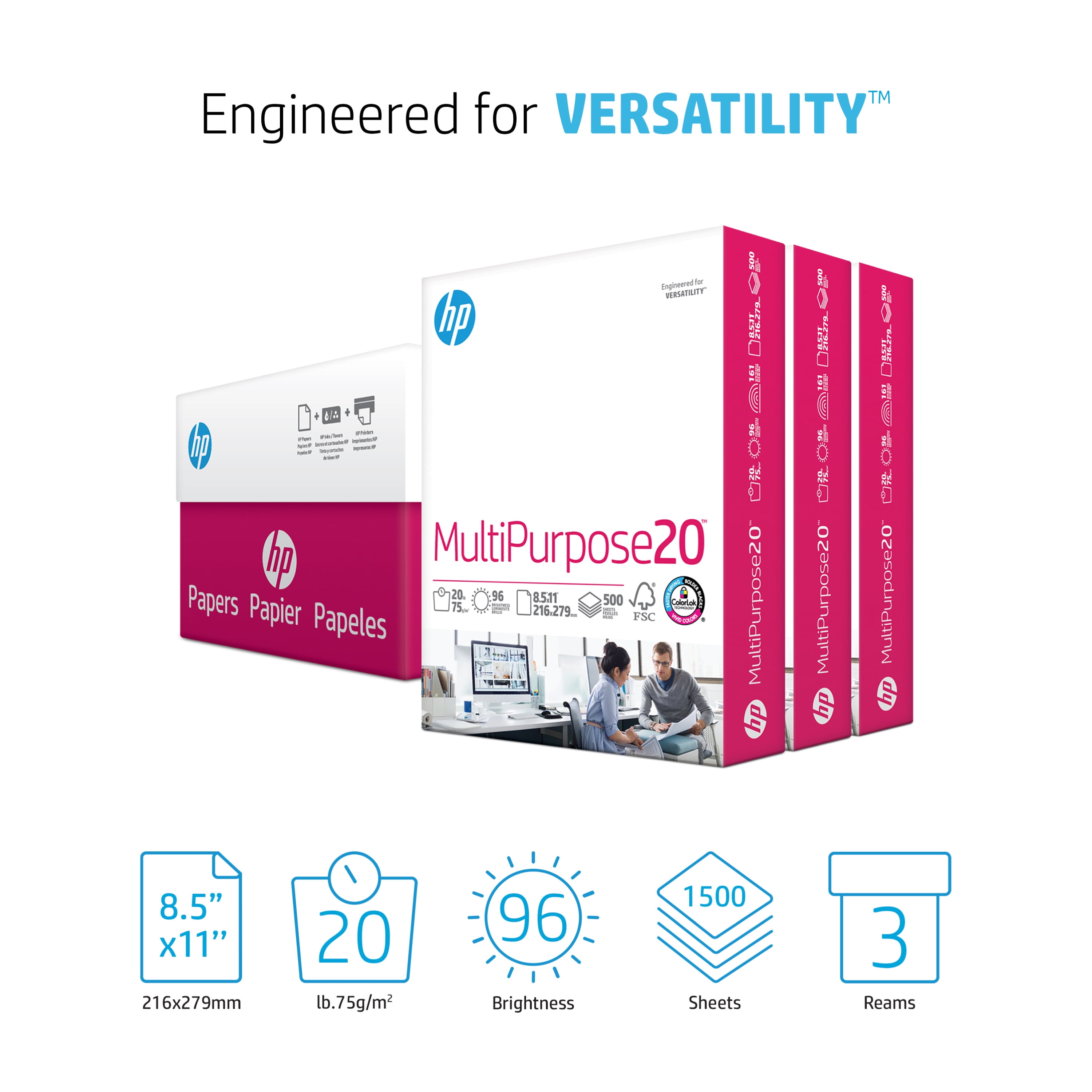 HP Printer Paper, Multipurpose, 8.5x11, 20lb, 96 Bright, 3 Ream 