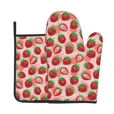 

Junzan Cute Strawberry Pattern Oven Mitts and Pot Holders 2 pcs Set Potholders BBQ Gloves Long Kitchen Oven Glove for Cooking Baking Grilling (2-Piece Set 11 Inch)