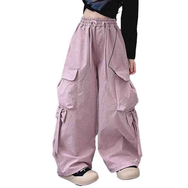 MIASHUI Girls Cargo Pants Drawstring Elastic Waist Sweatpants with Pockets,Pink,4-5 Years