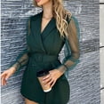 thumbnail image 2 of Vestido corto de mujer transparente con mangas empalmadas de malla, cuello vuelto, vestido formal de cintura alta con cinturón, verde oscuro S, 2 of 6
