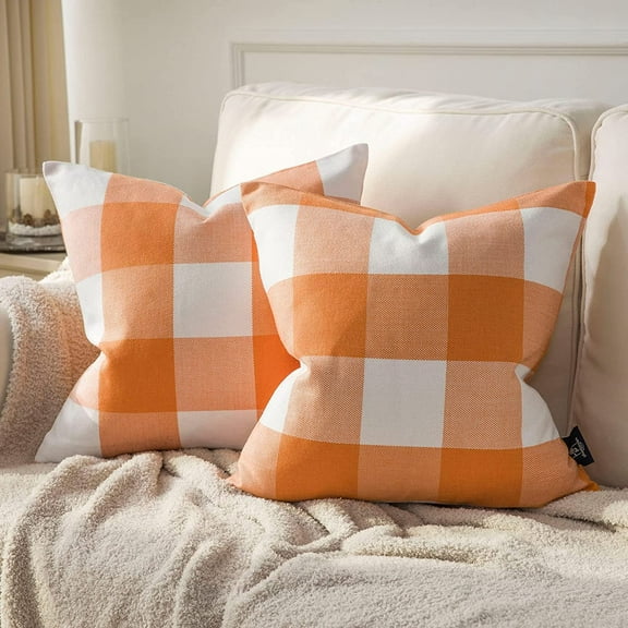 2PCS Buffalo Check Plaid Throw Pillow Covers Throw Pillows Farmhouse Square Pillow Cases for Halloween Fall Home Decor, Orange 18 x 18 Inches