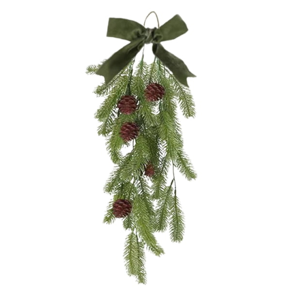 HWRETIE Greenery Garland Vines Christmas Teardrop Swags Christmas Teardrop Swag Garlands Winter Rustic Needles Swag with Cones Velvet Bow Artificial Christmas Hanging Garla Home Decor