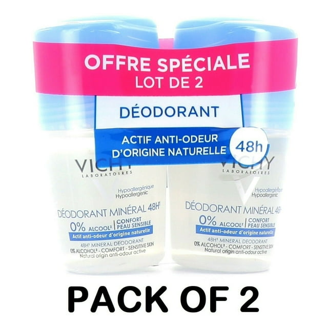 desodorante mineral roll-on antitranspirante 48h sin sales de aluminio 2x50ml pack de dos, vista frontal centrada de dos envases blancos con tapas azul claro y banda rosa superior que indica oferta, etiquetas legibles que muestran '48h' y '0% alcohol', envase cilíndrico con aplicador, fondo blanco neutro; a menudo usado para llevar en viajes cortos por su formato compacto.