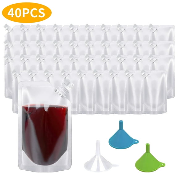 40 Pcs Plastic Flasks, 8 Oz Concealable and Reusable Drink Pouches, Leak-Proof Food Grade Plastic for Travel with 3 Funnels