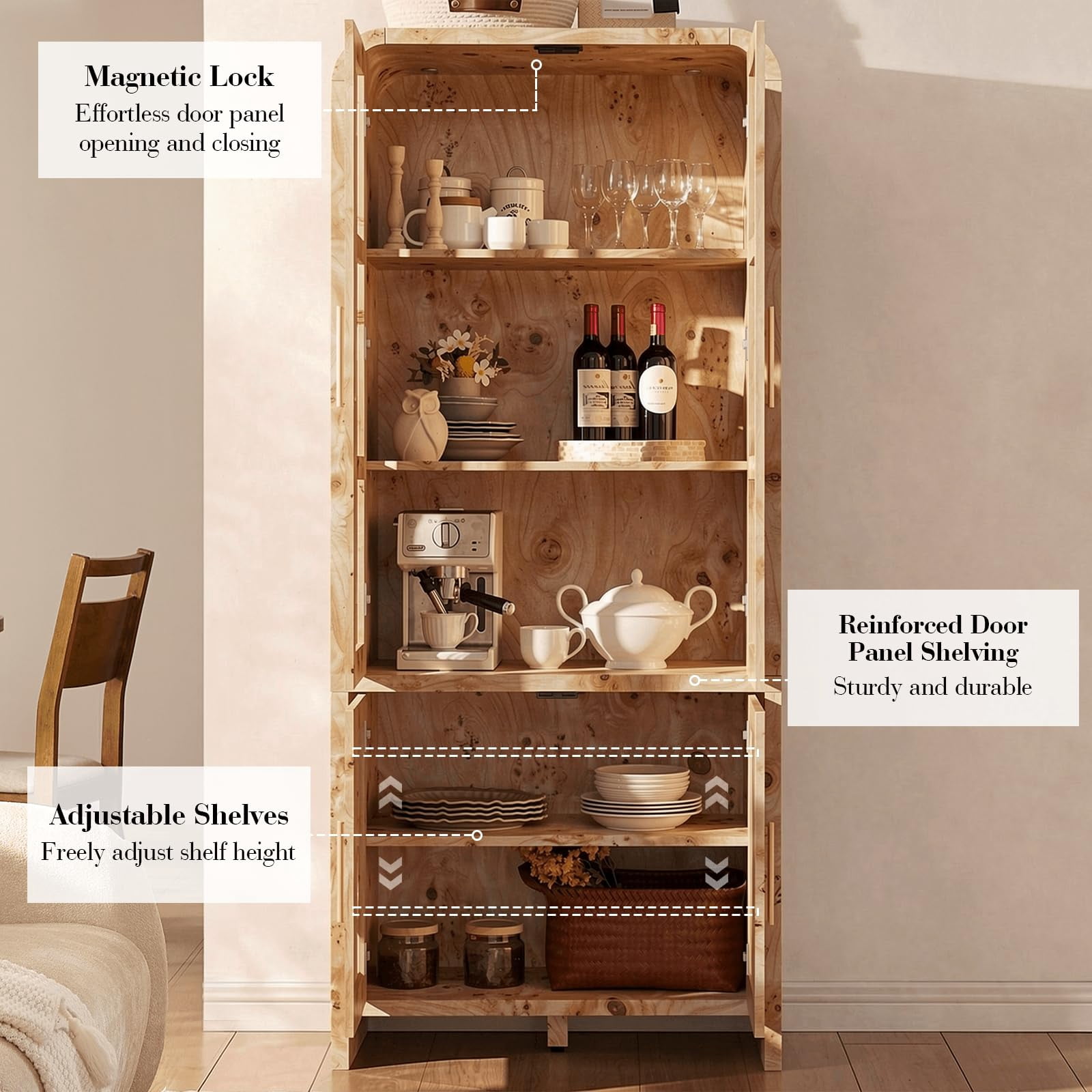 Vintagearth  77" Tall Kitchen Pantry Cabinet, 1.18'' Thick Panel Curved Storage Cupboard with Adjustable Shelf, Freestanding Organizer for Kitchen, Dining Room, Light Burl