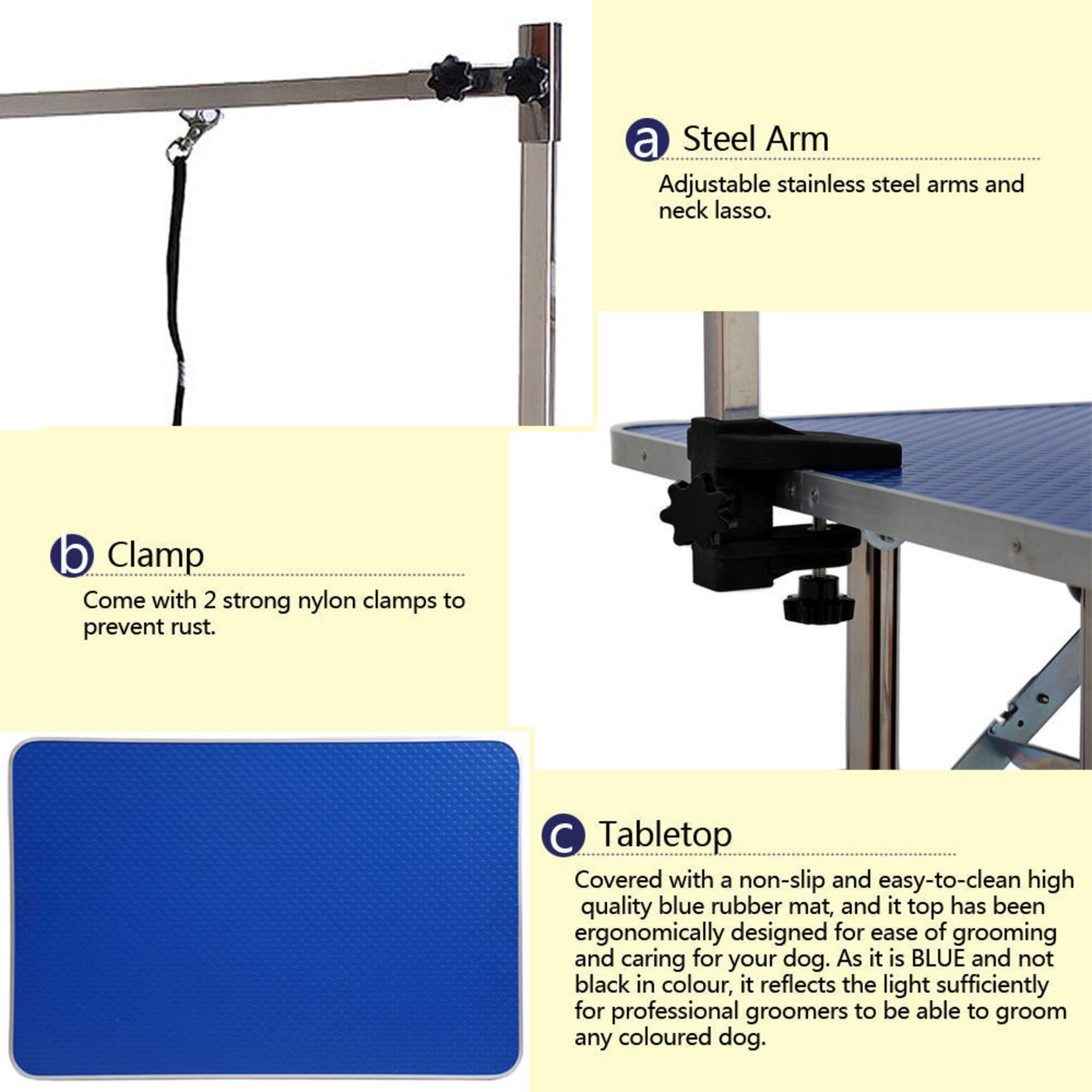 Noble House 46" Folding Dog Pet Grooming Table with Adjustable Arm, Stainless Steel Frame, Non-Slip Rubber Top, Blue