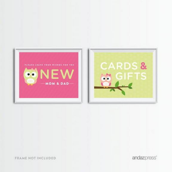 Leave Wishes | Cards & Gifts  Modern Owl Girl Baby Shower Party Signs, 2-Pack, 2-Pack
