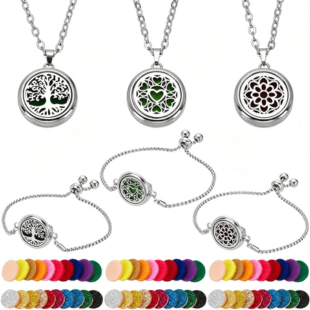 DESIGNICE 66Pcs Essential Oil Diffuser Necklace Bracelet Set 3 Styles Stainless Steel Aromatherapy Locket Adjustable Diffuser Bracelet Refill Pads Jewelry for Jewelry Accessory Birthday Gift