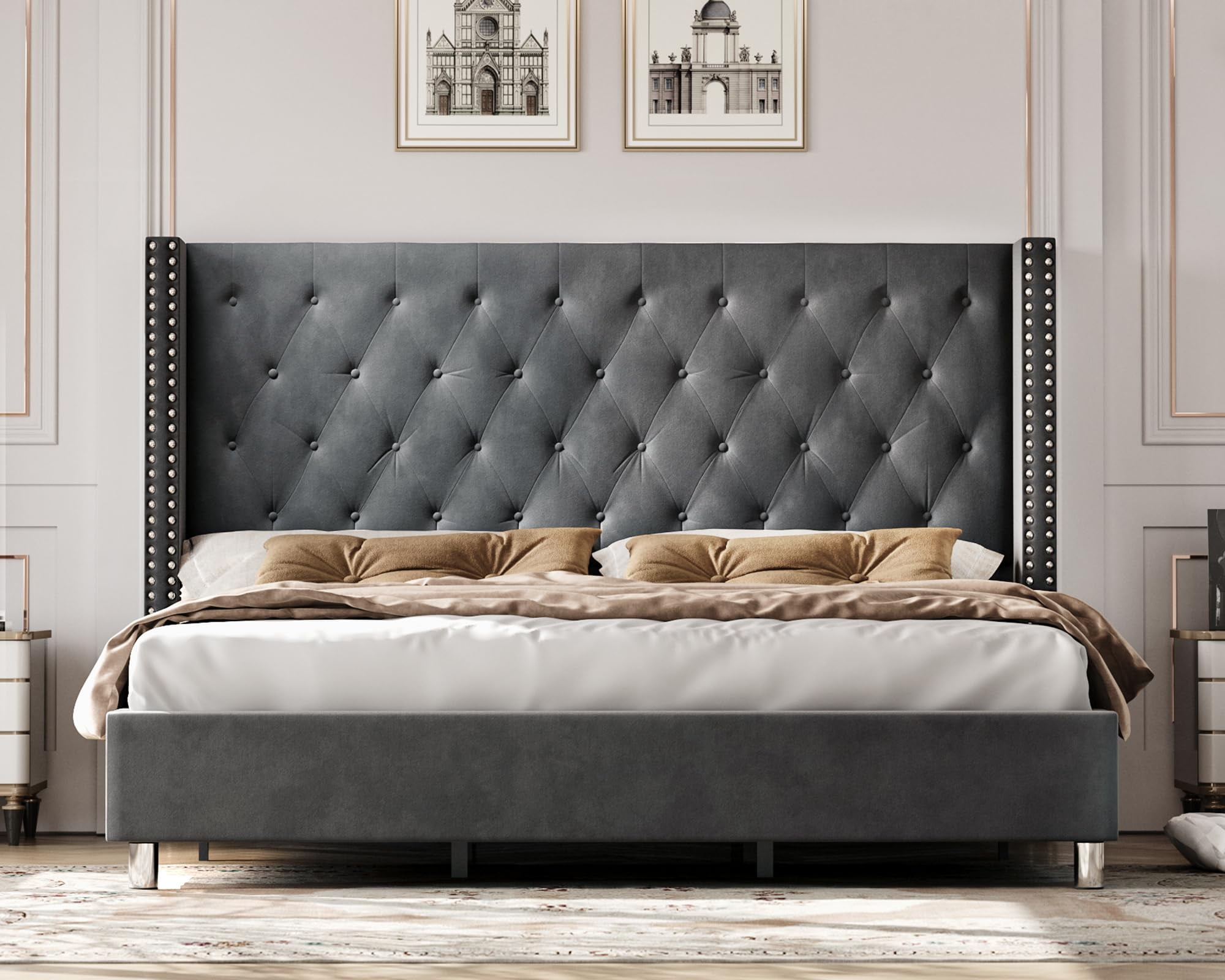 VanAcc Queen Size Velvet Low Profile Platform Beds Tufted Upholstered Platform Bed Frame Raised Wingback Headboard /No Box Spring Needed/Easy Assembly