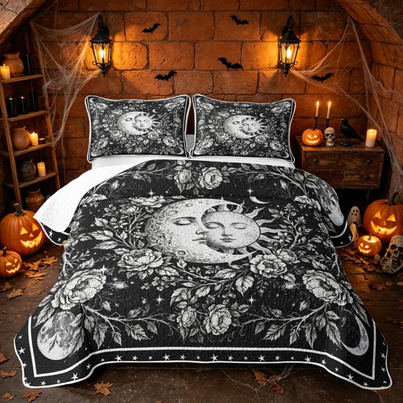 Erosebridal Boho Sun Moon Face Twin Quilt Set, Spooky Night Floral Twin Coverlet Set for Boys Girls, Black White, 2-Piece 1 Bedspread and 1 Pillowcase