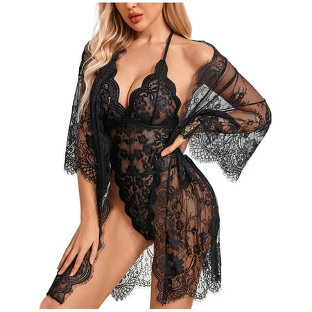 

DNDKILG Eyelash Sexy Teddy Lingerie Plus Size Babydoll for Women Lace Sleepwear Deep V Neck One Piece Bodysuit with Robe Black XL