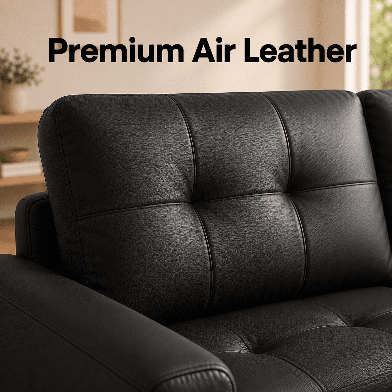 Naomi Home Laura Modern L-Shaped Air Leather Sleeper and Storage Sectional Sofa, Black
