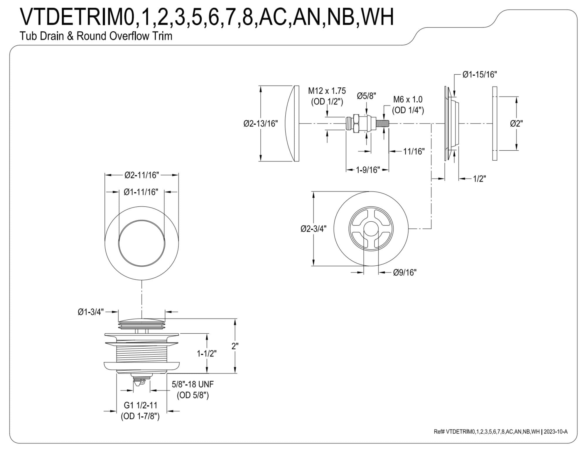 Kingston Brass VTDETRIM5 Trimscape Toe Touch Tub Drain Trim Kit with Overflow Plate, Oil Rubbed Bronze