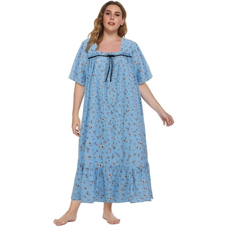 

Women Long Gowns Sleepwear Plus Size - Short Sleeve Loose Sleeping Dress Nightgown Casual Summer Square Collar Large Nightgowns for Women XL-5XL