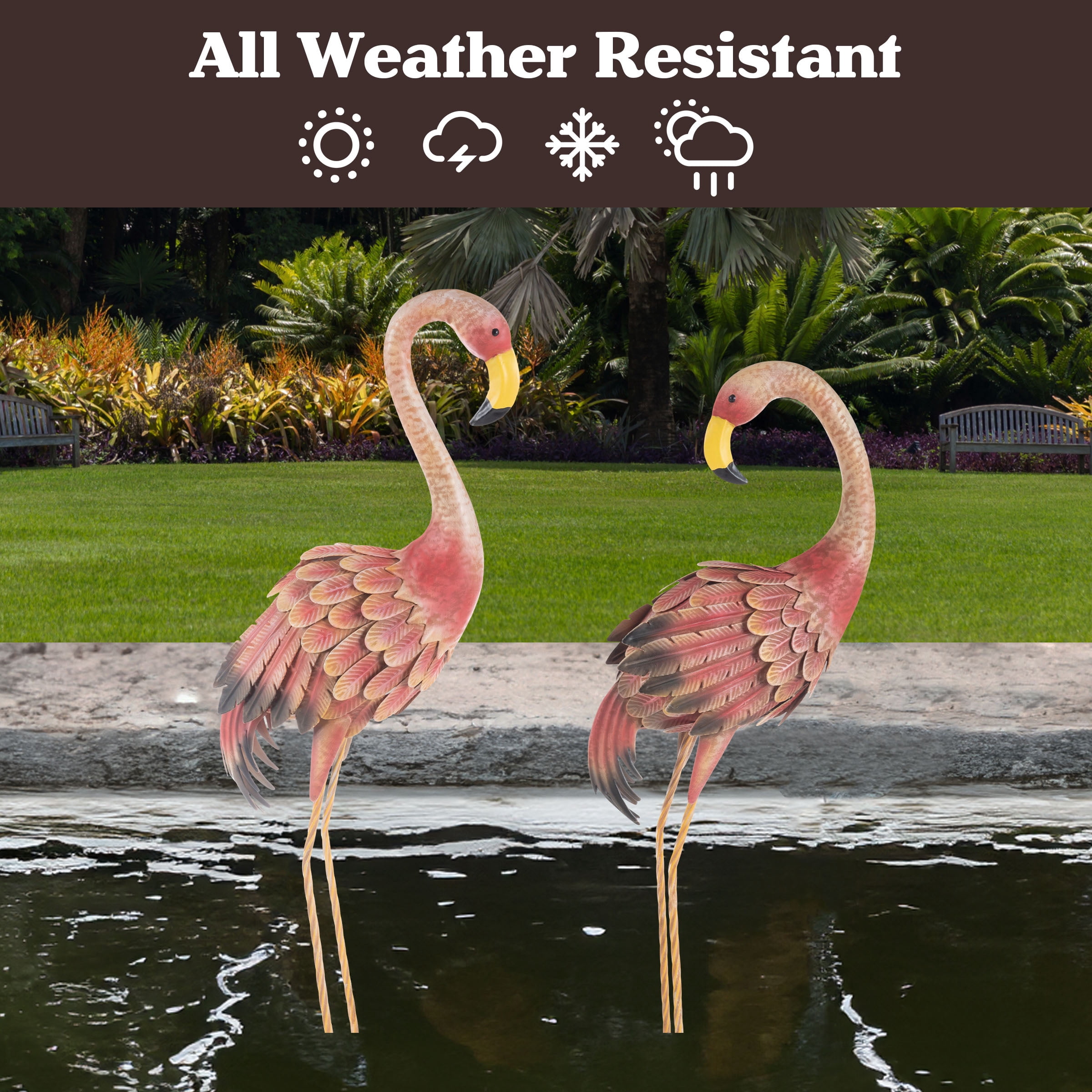 Pure Garden Set of 2 Metal Yard Art Flamingo Statues