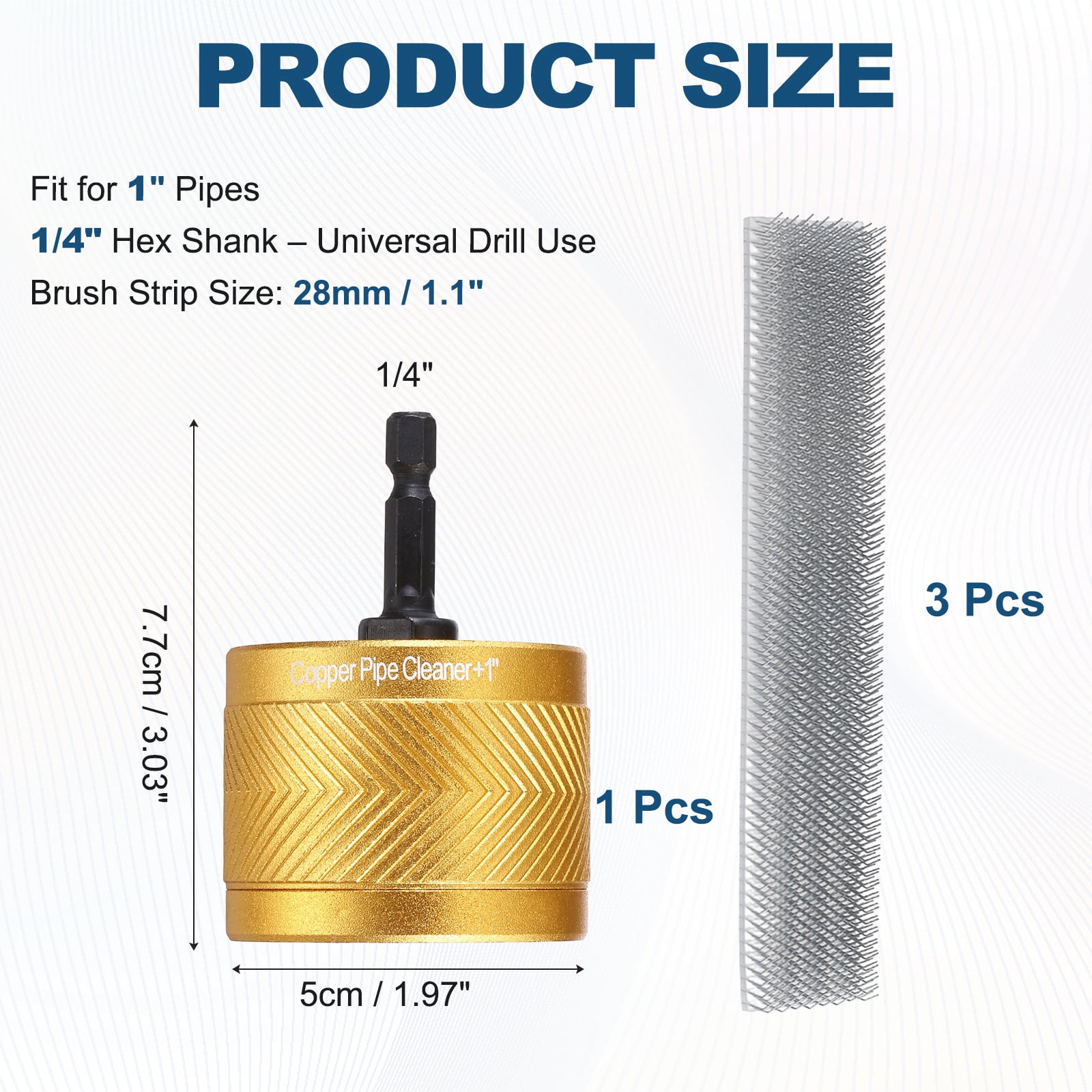Uxcell 1" 1/4" Metal Copper Pipe Cleaner Set, Hex Shank Drill Powered Pipe Brush Replacement Plumbing Tools with 3 Brushes for Removing Dust Rust Copper Various Metal Pipes, Gold
