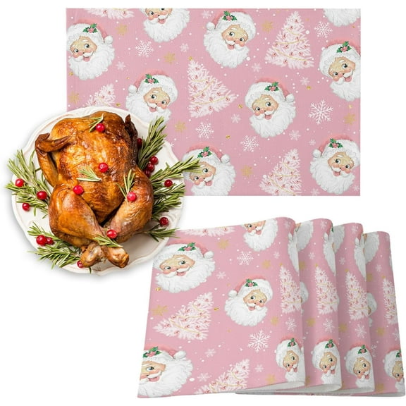 Pink Christmas Placemats Set of 4, Santa Claus Merry Christmas Tree Heat Resistant Washable Table Place Mats Winter Snowflake Cotton Table Linens Party Holiday Decor for Kitchen Dining Outdoor Indoor