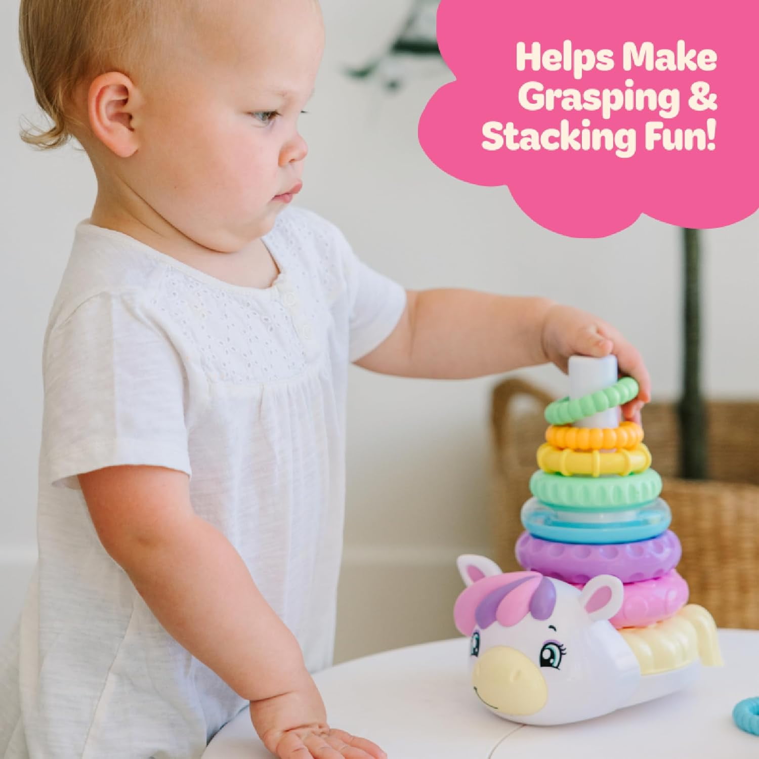 Move2Play, Unicorn Stacking Toy, Includes 7 Unique Rings, Montessori Development, Baby Toy, Gift for 1 Year Old Boys & Girls, Ages 0-6+, 9, 10, 12, 18+ Months