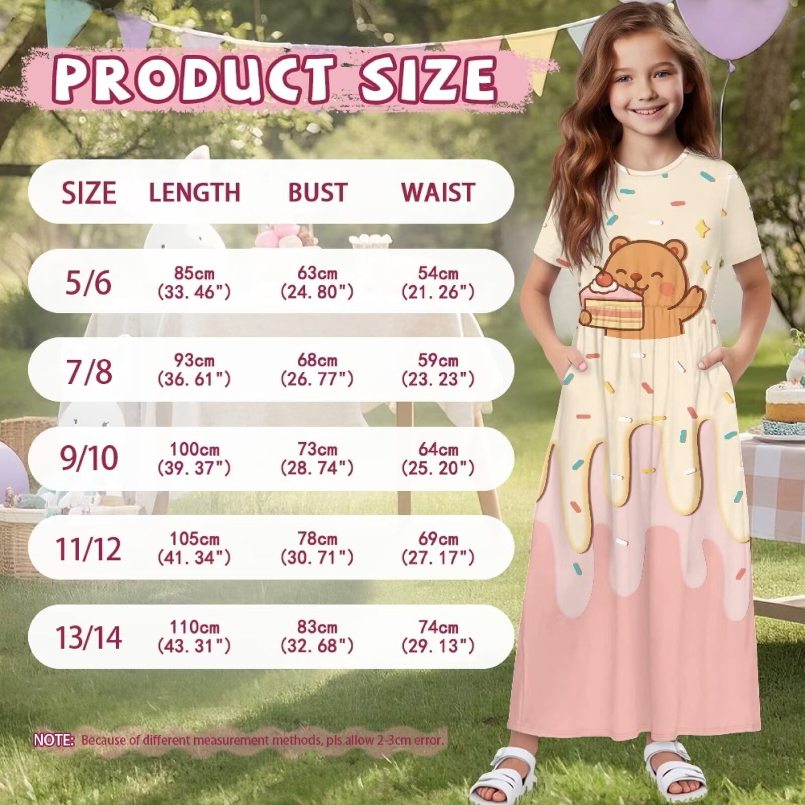 Uourmeti Girl's Short Sleeve Dress Cute Capybara Cake Print Round Neck Loose Casual Long Maxi Dress with Pockets Flowy Cute Outfits, Size 7-8 Years