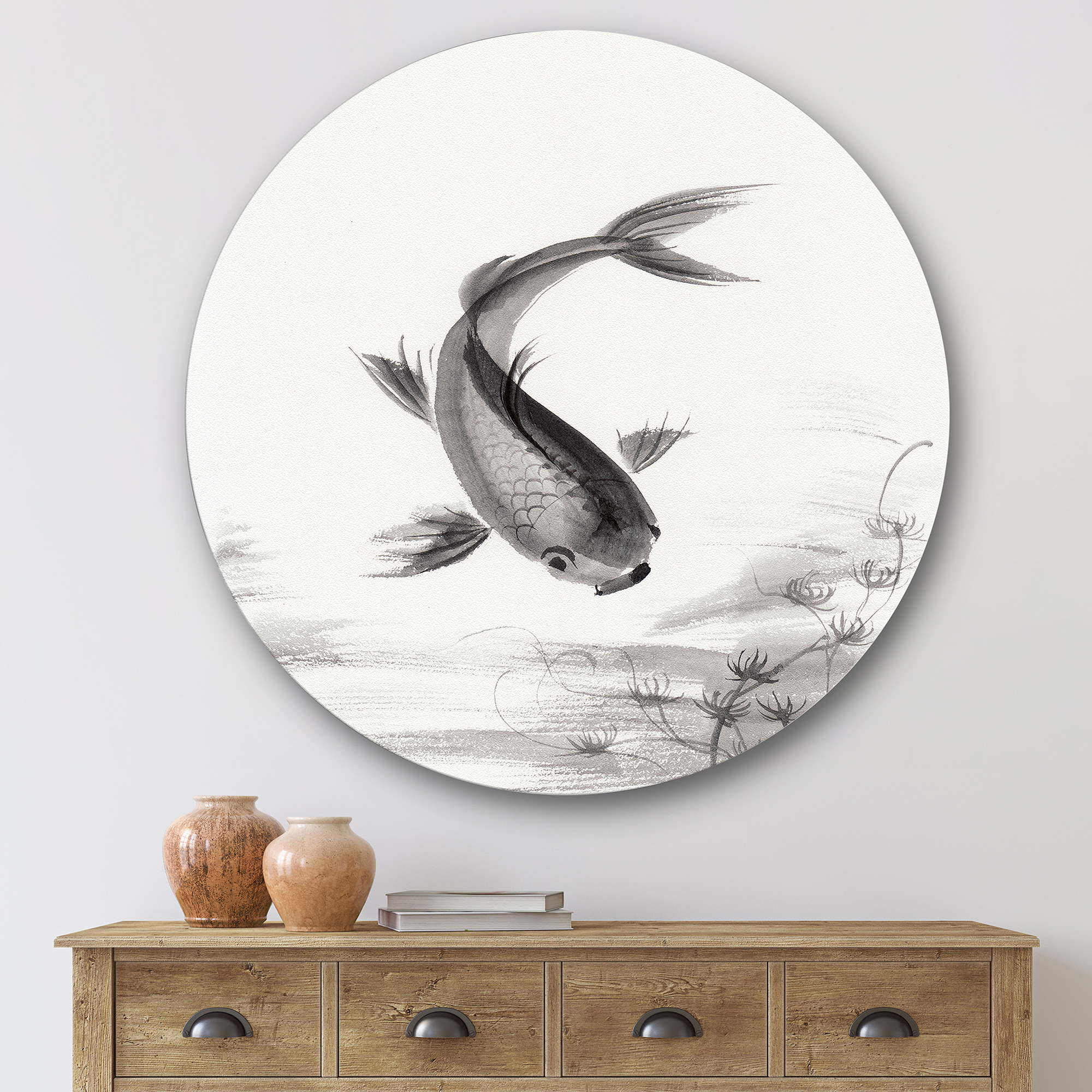 Designart 'Black and White Vintage Fish I' Nautical & Coastal Circle Metal Wall Art 29x29 - Disc of 29